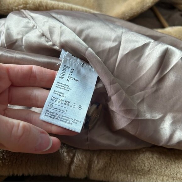 H&M Sz M Tan Brown Long Relaxed Button Front Faux Fur Coat - Picture 12 of 15